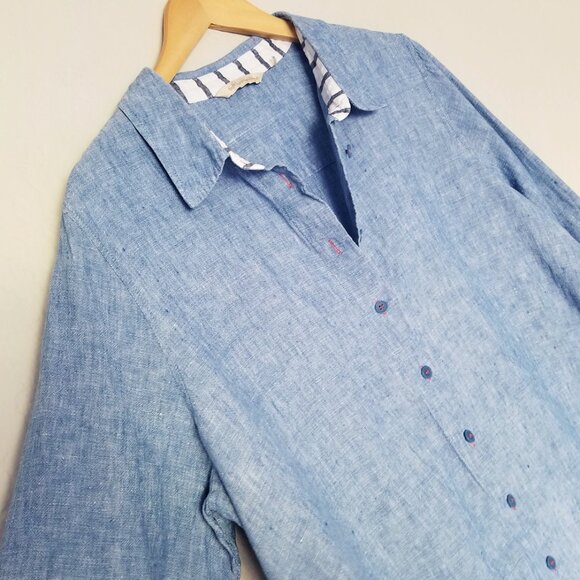 Soft Surroundings 100% Linen Lagenlook Chambray Blue Button Up Tunic Shirt 1X - Picture 5 of 16